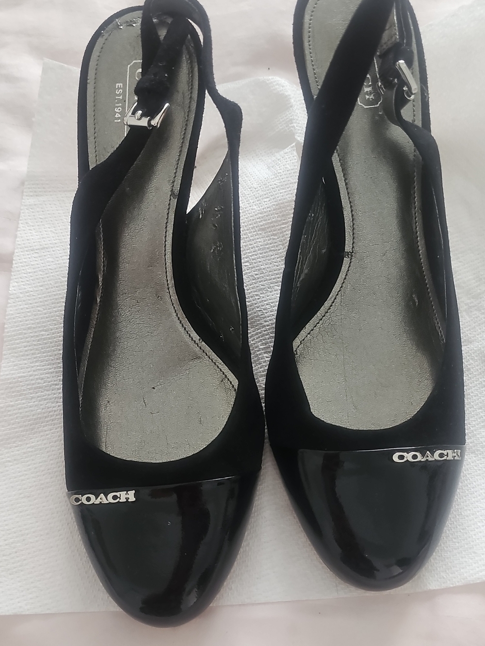 Coach Black Slingback Patent Cap-Toe Flats with Logo Accent